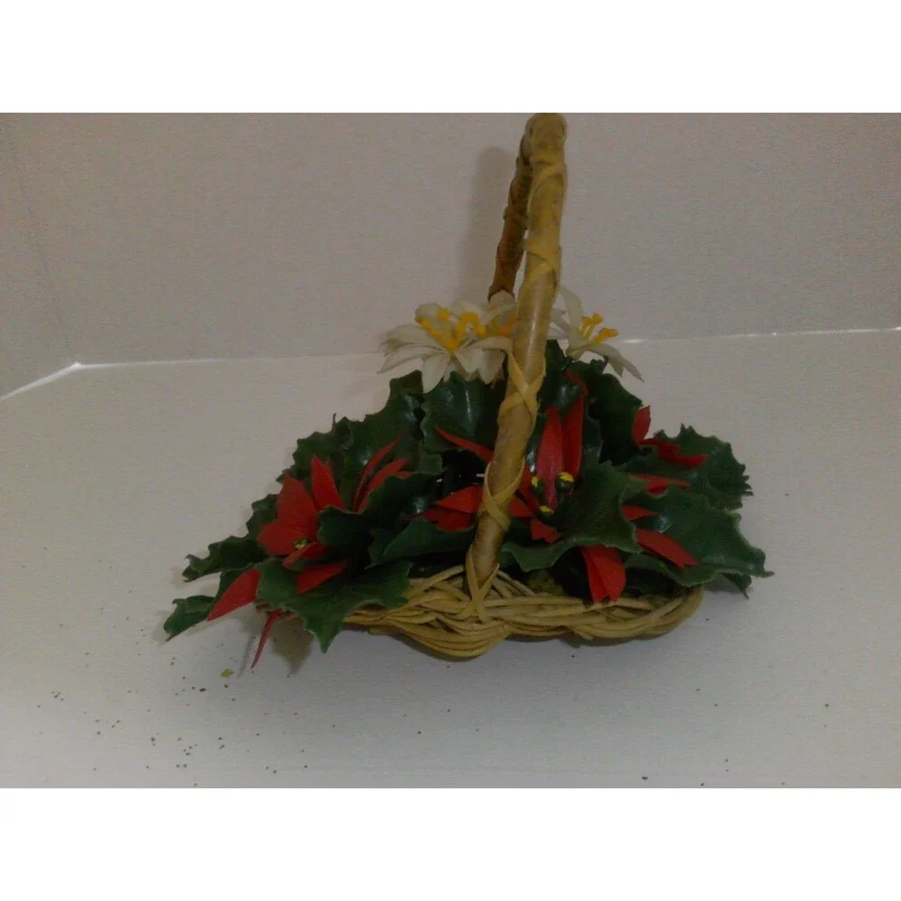 Vintage 1960s Poinsettias Arrangement in Wicker Basket Plastic 8 inch